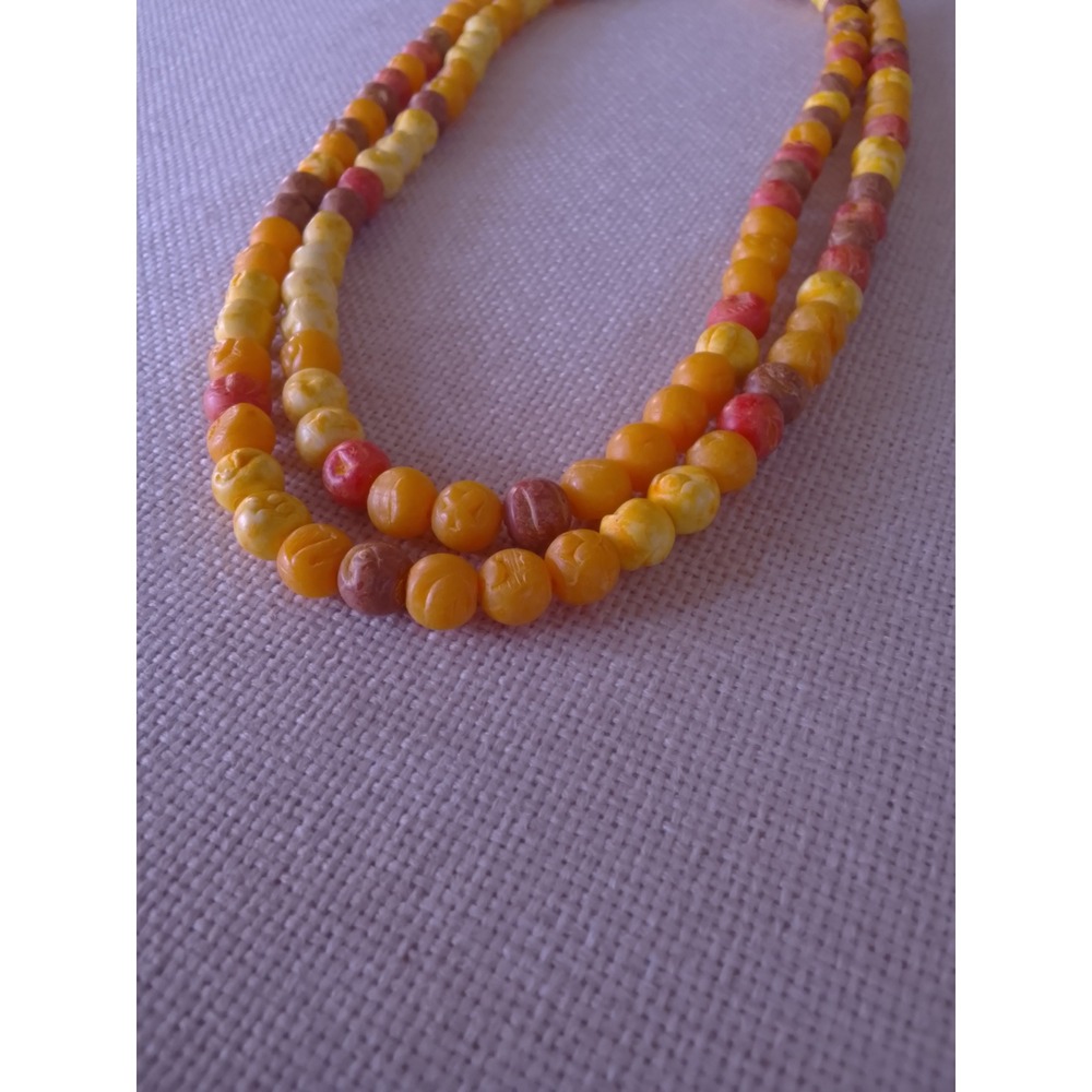 Vintage Boho Multi Color Textured Bead Long Strand Necklace Yellow Orange Red